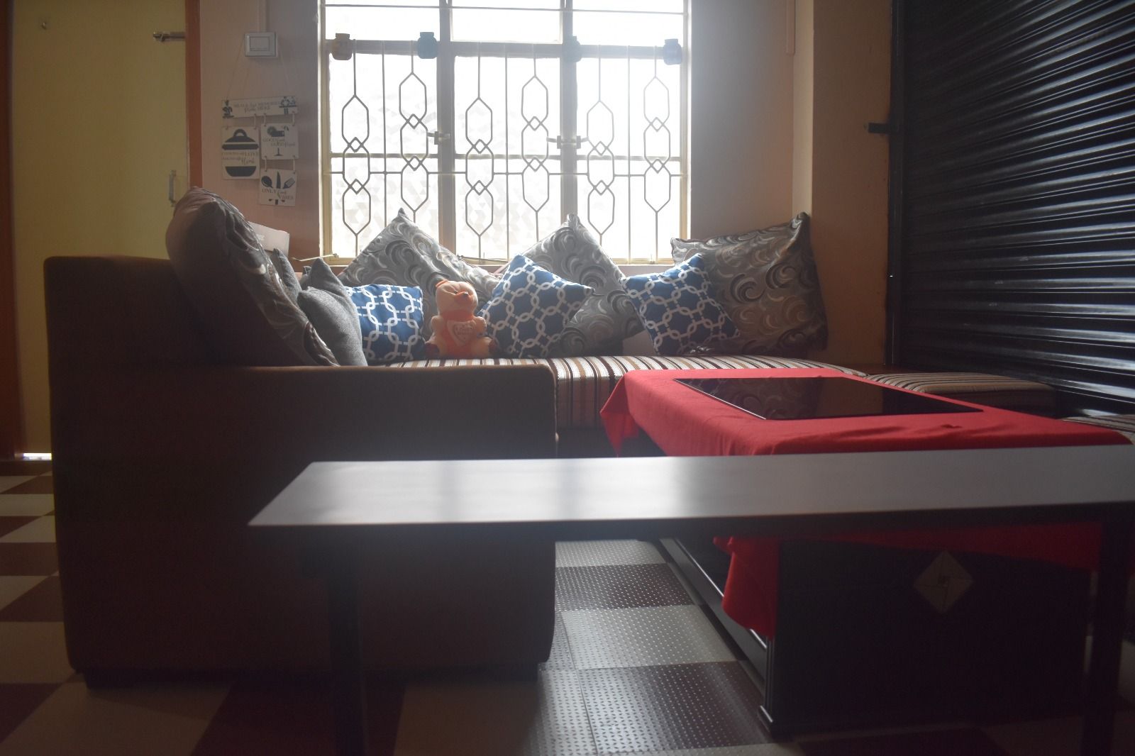 Guest lounge with sofa seating and a low table